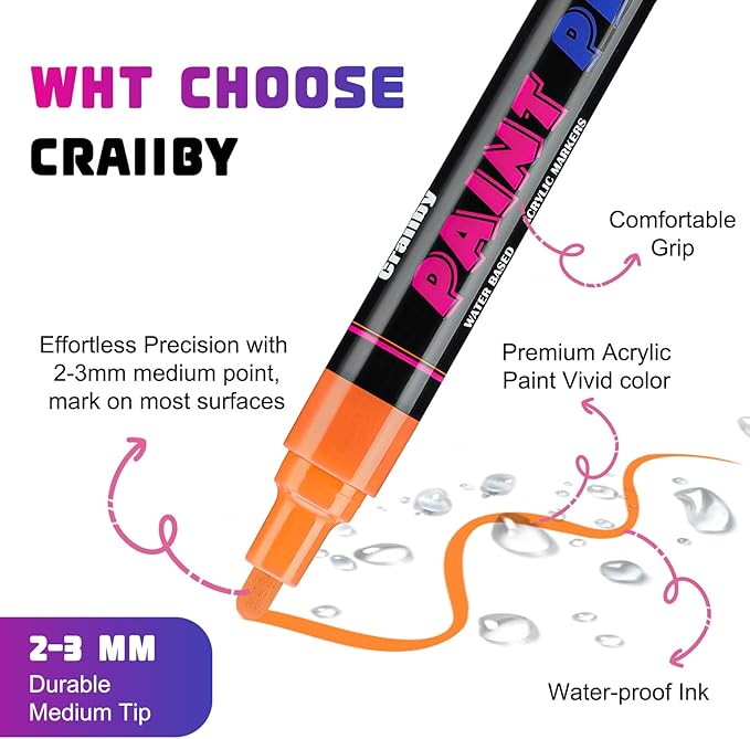 Craiiby Black Paint Pens Paint Markers - 12 Pack Permanent Quick Dry Waterproof Marker Pens for Rocks Wood Fabric Plastic Canvas Glass Mugs Metal Tire Stone