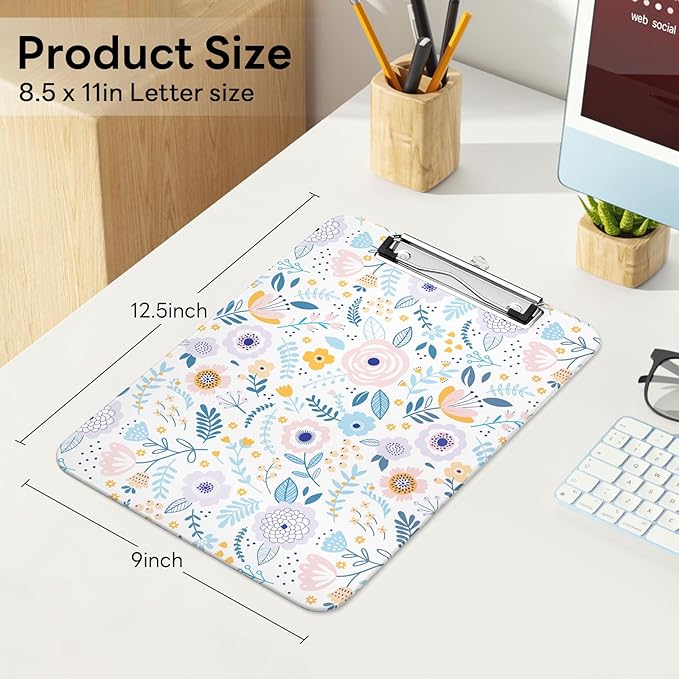 Luminzo Plastic Cute Clipboard Low-Profile Metal Clip, A4 Letter Size 9 x 12.5 in, 8.5 x 11 Paper Clip Board for Teachers, Nurses, Classroom,Cute Flowers