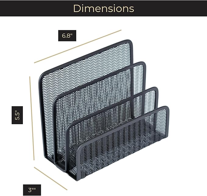 BLU MONACO Black Metal Mesh Letter Sorter | 3-Slot Mail Organizer for Desk, Office & Home | Vertical File & Envelope Holder with Non-Slip Base | Space-Saving Desktop Mail Organizer