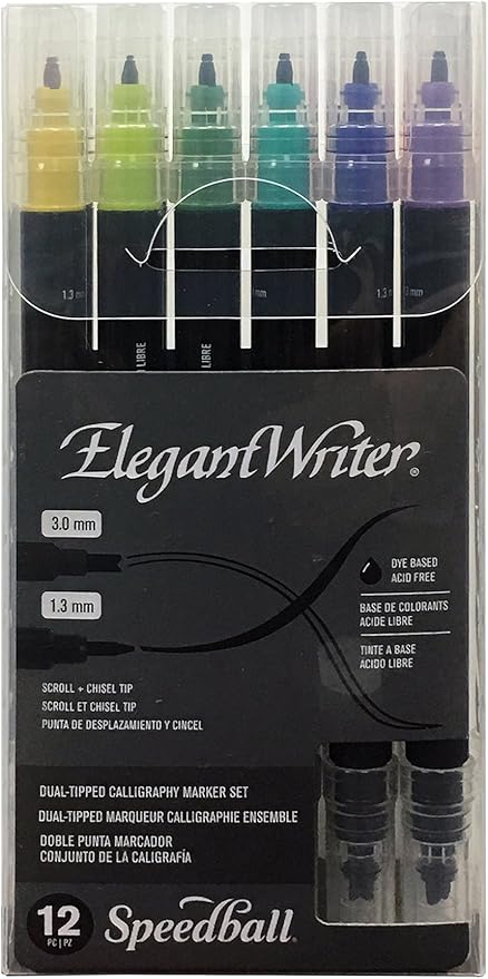 Speedball Elegant Writer Calligraphy 12 Marker Set, Assorted Colors, Dual-Tipped, 1.3 mm & 3.0 mm Chisel and Scroll Nib Pens for Drawing, Journaling, and Scrapbooking