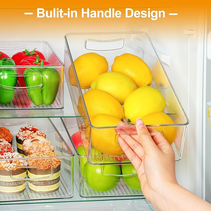 Hudgan Clear Storage Bins 8 Packs for Refrigerator, 4 Large Stackable Pantry Organizer Bins and 4 Medium Storage Plastic Containers for Home Edit, Kitchen, Freezer, Bathroom, Drawers, Shelves