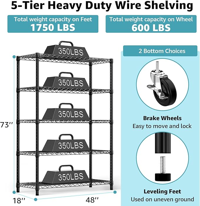 M MZG 5-Shelf Storage Shelves,Wire Shelving Heavy Duty Metal Storage Shelving Unit Adjustable Garage Shelving Rack Pantry Kitchen (Black, 5 Tier,17.7" D x 47.2" W x 76.7" H)