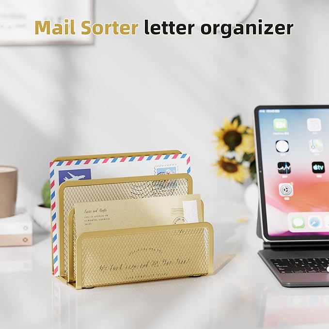 Marbrasse Mail Organizer for Desk, 3-Slot Mesh Metal Mail Holder countertop, Letter Holder, Office Desktop Envelope and Document Storage Rack (Gold)