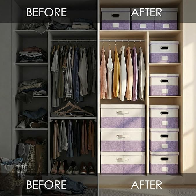PRANDOM Storage Bins with Lids [3-Pack] Linen Fabric Foldable Storage Boxes Organizer Containers Baskets Cube with Cover for Bedroom Closet Office White&Purple (23.4X15.9X11.4)