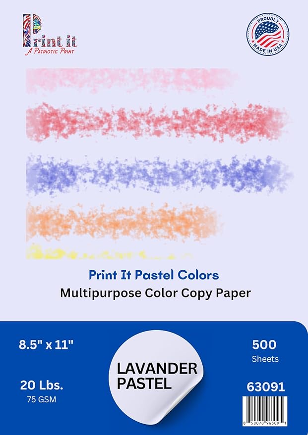 PrintIt Colors Multipurpose Paper, 20 lbs., 8.5" x 11", 500 Sheets/Ream – Premium Colored Copy Paper for Printing, School, and Office Use (Lavender)