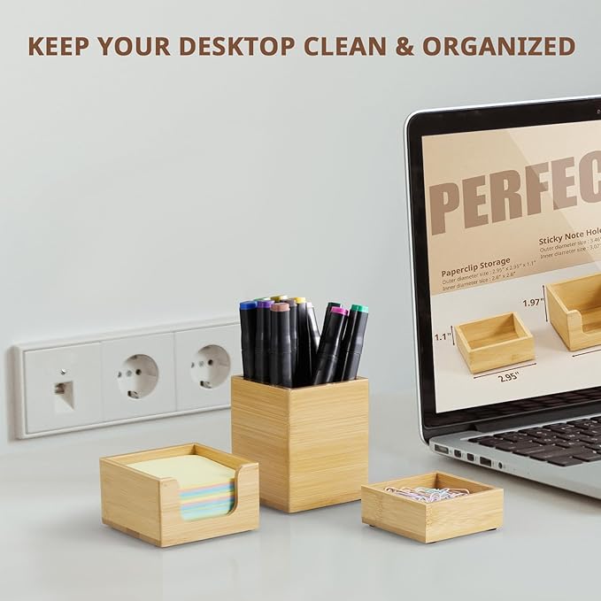 CMLKLZD Desk Organizer Set of 3 - Bamboo Office Desk Accessories - Desk Organizers and Accessories for Women Men - Set incl. Pencil Pen Holder, Paperclip Storage and Sticky Note Holder