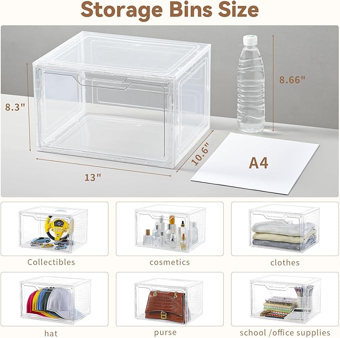 Freebat Closet Organizers and Storage, Acrylic Clear Plastic Storage Bins with Magnetic Door, 8 Pack Storage Containers for Clothes Home Organization Purse Bag Cabinet Display Closet Organizer System