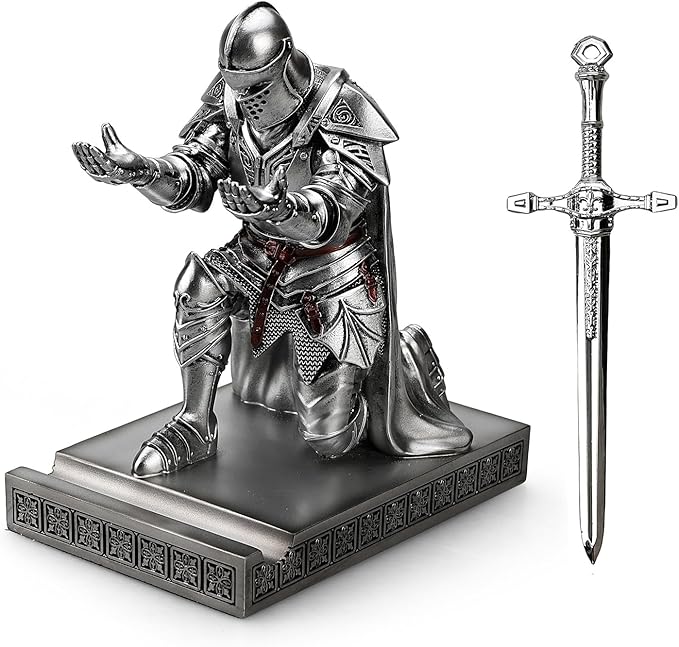 HDMbigmi King's Guard Leader Cloak Warrior Knight Pen Holder Mobile Phone Stand, Ornament Knight Statue, Pen Stand Paperweight for Office and Home (Silver)