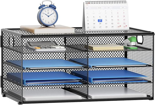 Lavatino 8 Compartments Paper Organizer for Desk, Mesh Literature Organizer, Mail File Sorter Tray with Handle, Desktop Mailbox for Office Classroom Home, Black