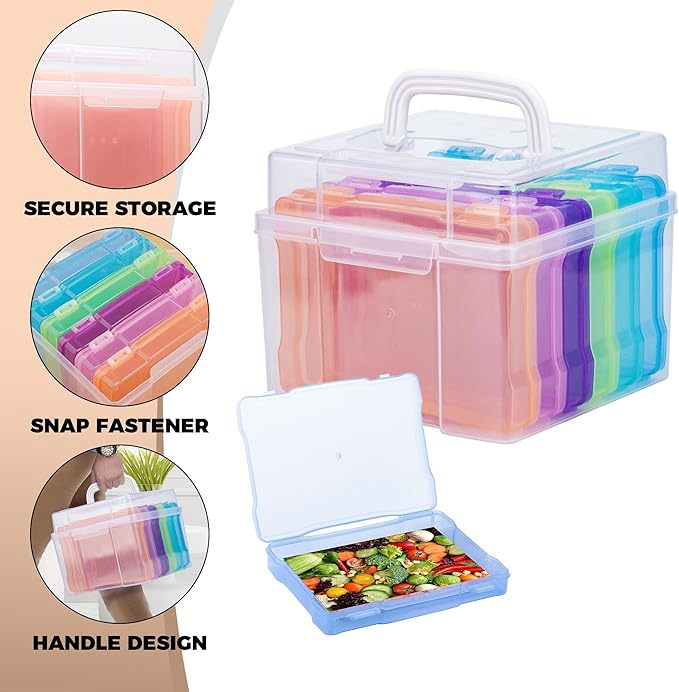 Find Scrapblooms 5×7 Photo Storage Box With Handle,Plastic photo keeper With 6 inner 5×7inch photo cases,Card Organzier Craft Storage box for pictures,stamps,seeds (Colorful With Handle)