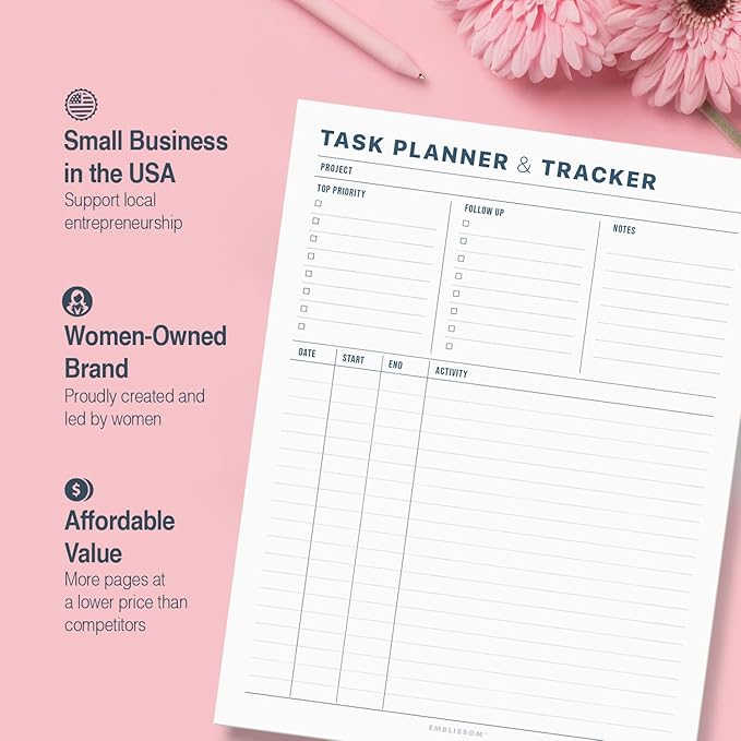 Task Planner & Tracker 8.5 x 11 Tear-Off 70 Sheet Planner Pad – Project Organizer with Time Log, Top Priority, Follow-Up – Notepad for Home & Office (White, Minimalist, 2 Pack)