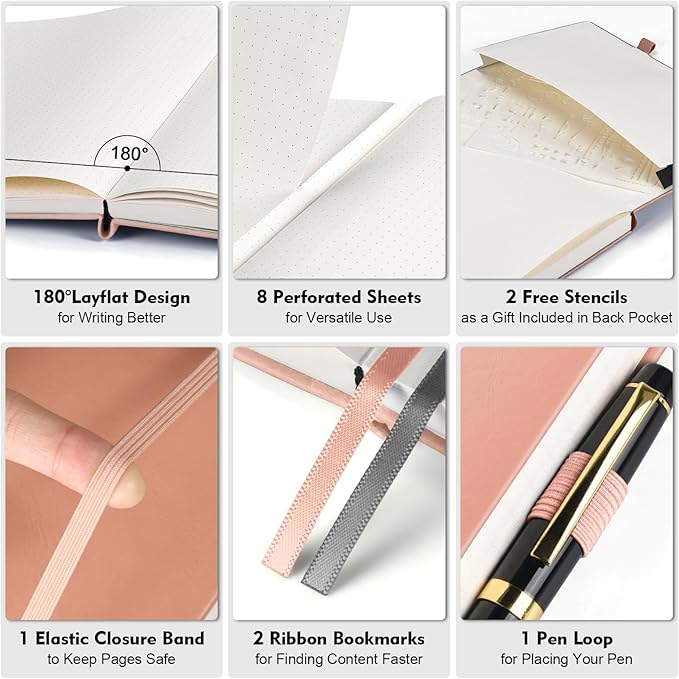OFFIGIFT Bullet Dotted Journal Notebook, 312 Numbered Pages A5 Hardcover Leather Journal, 100gsm No Bleed Paper Dot Grid Notebook with Index Pages, Dot Journal for Women Men, 5.75" x 8.38", Pink