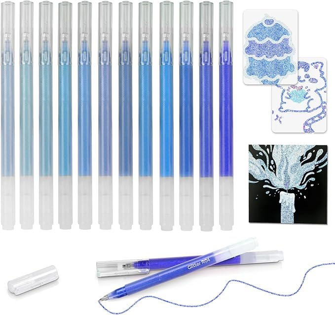 CAISEXILE 12 Blue Glitter Gel Pens Set, 1.0 mm Fine Point for Black Paper & White Paper, Large Capacity Pens for Journaling, Adult Coloring Books, Drawing, Note Taking, Highlighting