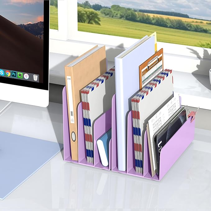 OUTIOE Mail Organizer Countertop, Small Desk File Organizer, Metal File Holder - Essential Workspace Organizers for Office Desk, Home Office (Purple)