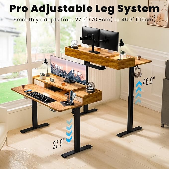 Kingant 48 x 30 Inch Electric Standing Desk with Dual Drawers, Adjustable Height Computer Desk for Home Office, Large Workstation Sit Stand Up Desk with Built-in Storage Shelf, Light Rustic Brown