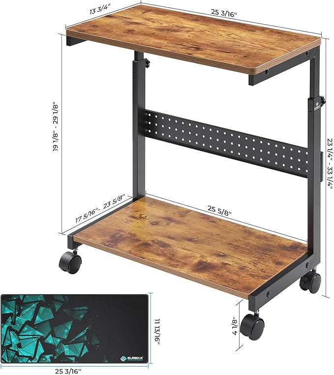 EUREKA ERGONOMIC PC Stand Computer Cart, Height Adjustable Tower Stand 2-Tier Suit for ATX Case Printer, Metal Rolling Cart on Wheels for Gaming Home Office, Antique Wood