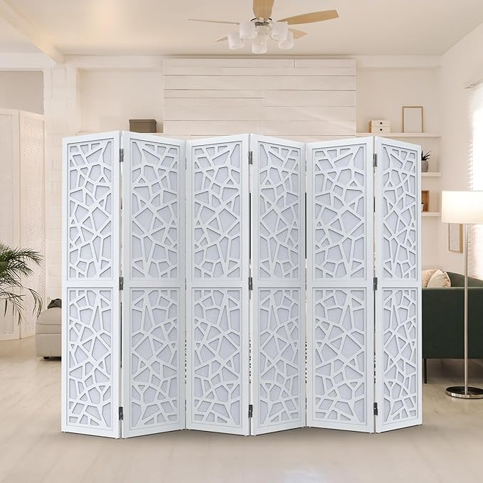VINGLI 70'' H Room Divider, Non-Woven Fabric Privacy Screen, Indoor Partition Wall Dividers, Freestanding Hinged Space Separator with Modern Unique Pattern (White, 6 Panel)