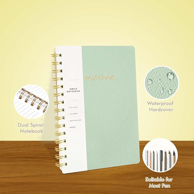 Spiral Notebook-5.75" x 8.125" College Ruled Journal with Inner Pockets and 160 Pages,PU Leather Cover Business Journal, Twin-Wire Binding Notebook Perfect for Office & Home School Supplies Mint Green