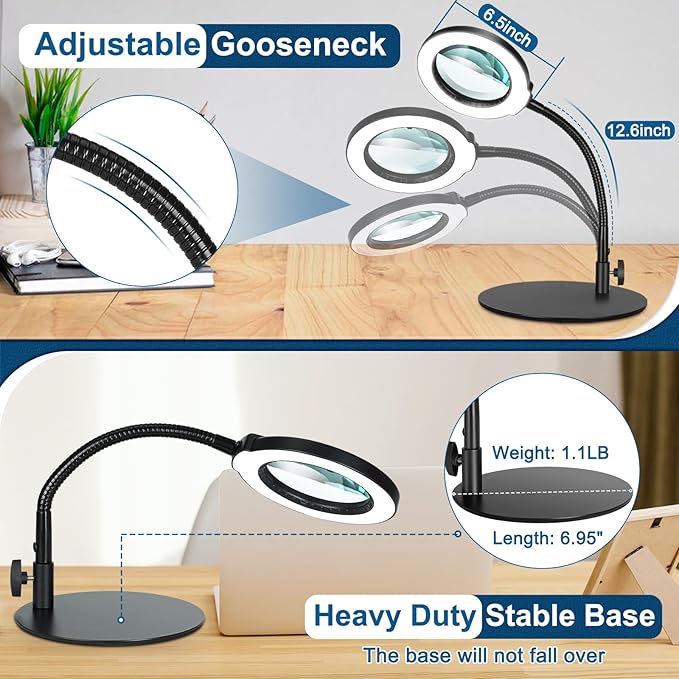 IVMAIE 10X Magnifying Glass with Light, Real Glass Lens, 5 Color Modes Dimmable, Flexible Gooseneck Lighted Magnifier with Stand, LED Desk Lamp Hands Free for Crafts Painting Sewing Reading Close Work