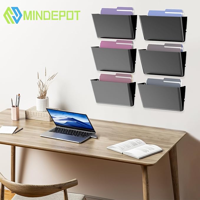 MINDEPOT 6 Pockets Acrylic Wall File Organizer, Clear Wall File Holder, Plastic Hanging Wall File Holder for Office, School and Home, Black