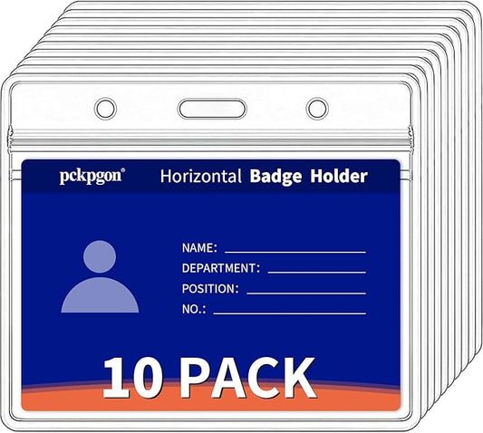 10 Pack Horizontal ID Badge Holder, Clear Plastic Lanyard Card Holders, Work Name Tag Sleeve Badges Protector Cover with Waterproof Resealable Zipper Type for Nurses, Women, Fits Credit Size Cards…