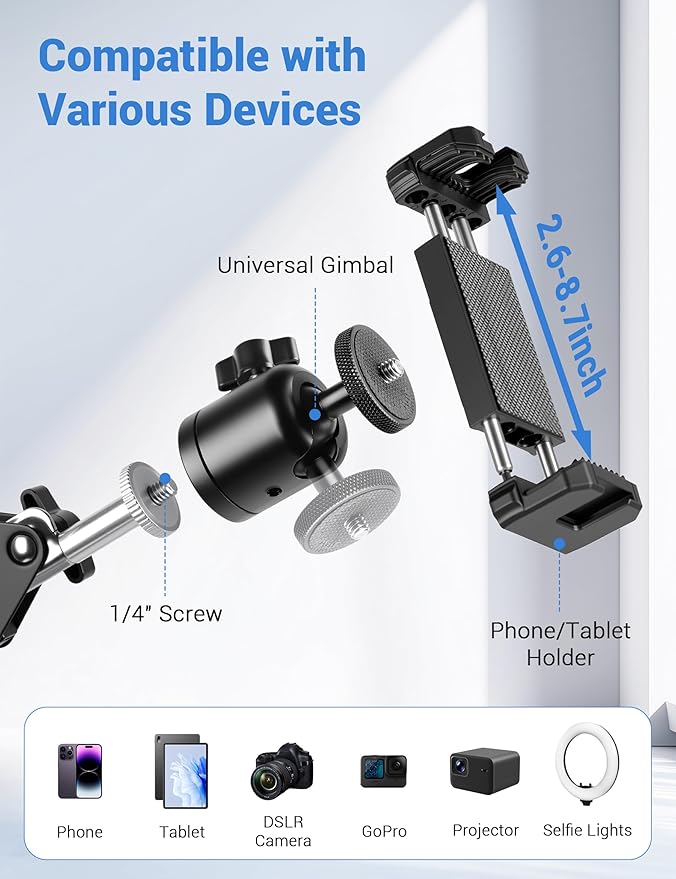 Evekea Overhead Camera Mount, Desk Camera Mount with 360° Adjustable Arm and Phone Holder for DSLR Cameras/iPhone/Webcam/Ring Light, Desk Phone Stand for Video Recording,Zoom Meeting,YouTube,TikTok