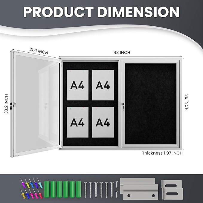 48"x36" Lockable Enclosed Bulletin Board, Outdoor Flet Weather-Resistant Aluminum Frame Notice Board, Wall Mounted Display Case Acrylic Doors for School,Office,Silver Frame w/Black Flet