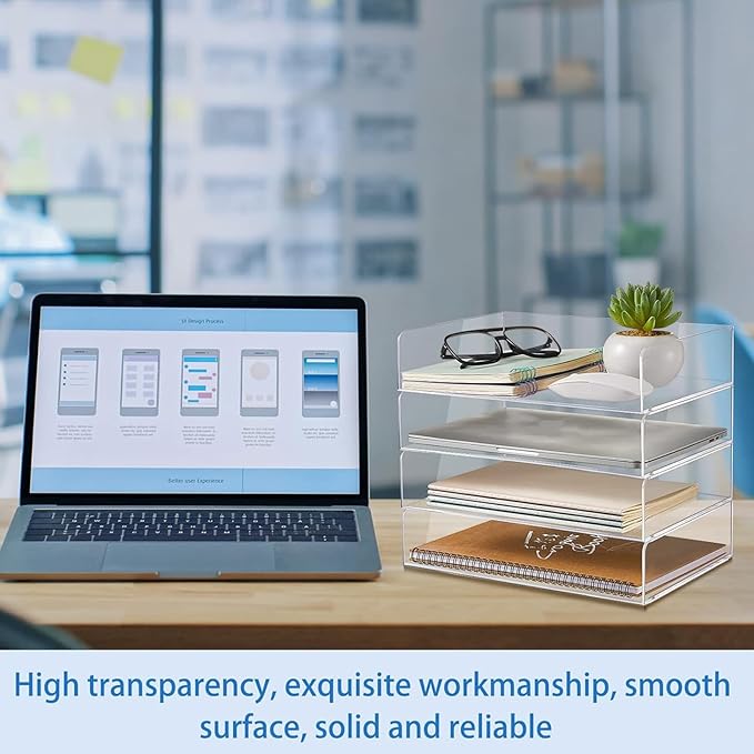 Harloon 4 Tier Acrylic Paper Tray Paper Organizer for Desk Clear File Organizer 12. 4 x 8. 7 x 2. 7 Inches File Tray for Office Workspace Desktop Storage, No Need to Assemble (Transparent)