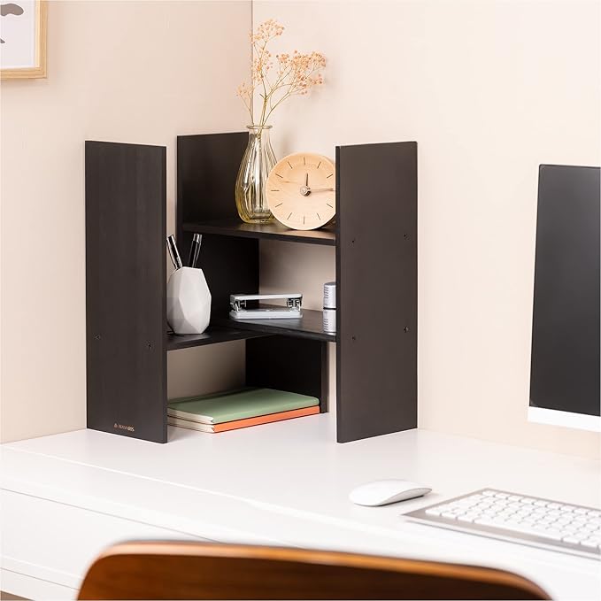 Navaris Desk Organizer Shelf Unit - Desktop Shelves for Table or Countertop - Free-Standing Adjustable Bamboo Shelving for Kitchen or Office - Black