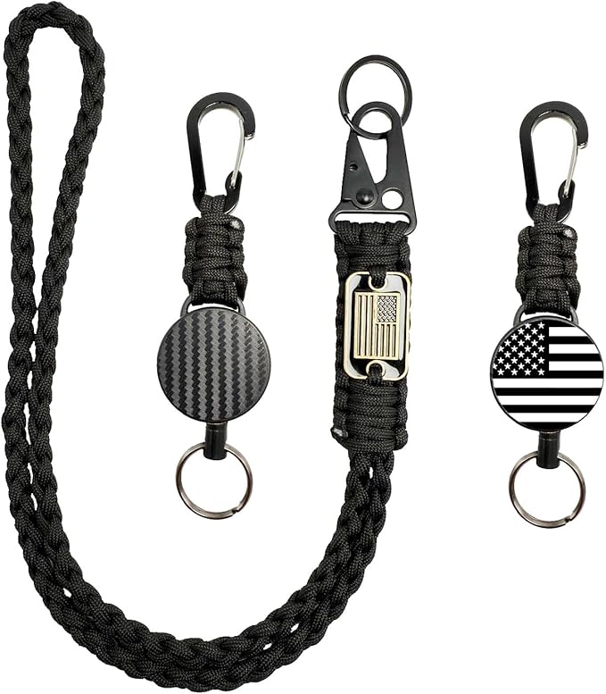 KINBOIN Heavy Duty Retractable Keychain - USA Flag Braided Paracord Lanyard, ID Badge Clip Reel, Necklace Keychains for Travel Work