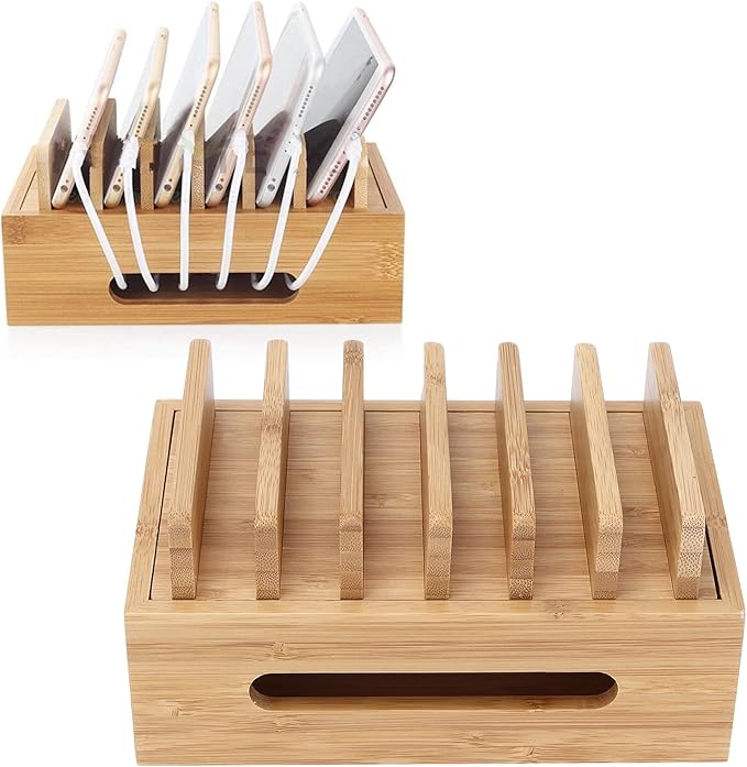 Leapiture Charging Station Organizer, Multiple Devices Charging Station Wood Cell Phone Dock Portable Tablet Computer Organizer Storage Box for Home Office