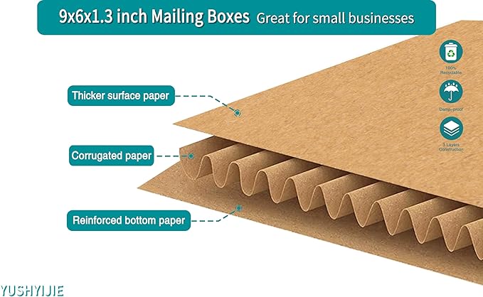YUSHYIJIE 9x6x1.3 inch Small Shipping Boxes, Multi-Depth Flat Cardboard Boxes with Fragile Stickers for DVD Shipping, Packing, Moving, Storage, Brown, 25 Pack