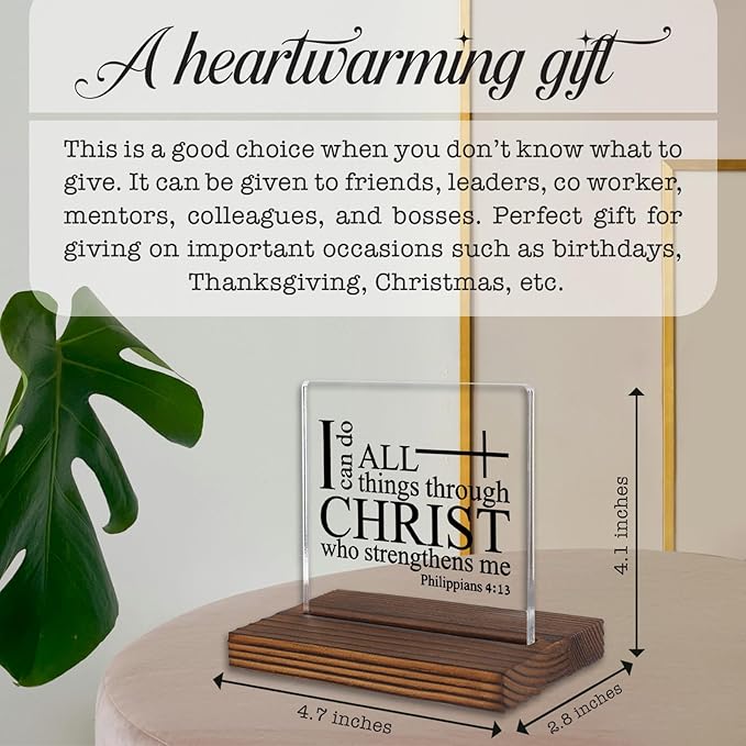 Philippians 4:13 Desk Sign, Christian Bible Verse Decor I Can Do All Things Through Christ Gift for Women Men, Inspirational Faith Plaque for Office, Birthday, Baptism, Retirement, Christmas PA132