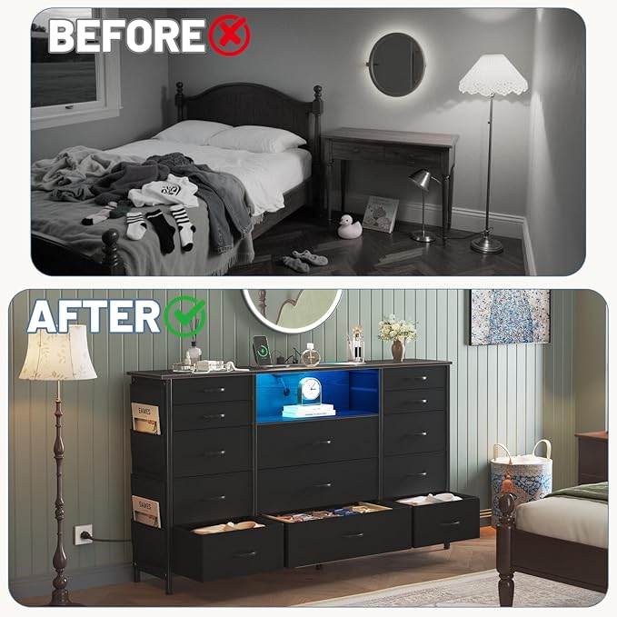 HCHQHS 47 Inch Dresser for Bedroom with 13 Drawers,Side Pockets Hooks and Lights with Remote Control,Hallway,Closet,Kitchen,Large TV Stand (Black)