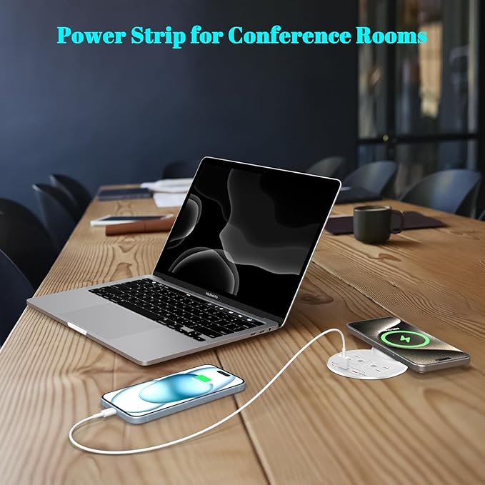 PD 20W USB C Desk Power Grommet with 15W Wireless Charger Cover, Recessed Power Strip with 18W USB A and 2 AC Outlets,Hidden Power Outlets with 6FT Cords for Office, Home, Conference(White)