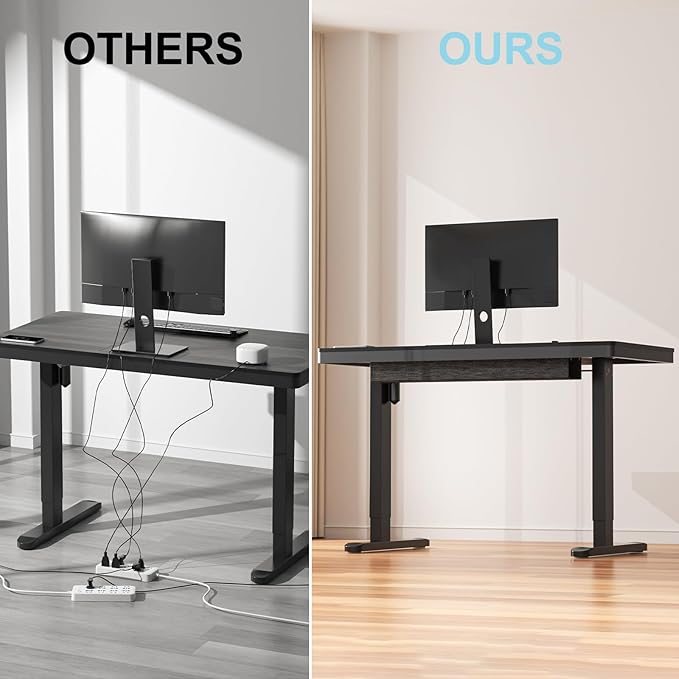 ERGO COLLECT Electric Standing Desk 48 Inch - One-Piece Desktop with Drawer, Cable Management, Wireless Charging & USB Port, Quiet Motor - for Home Office, Walnut