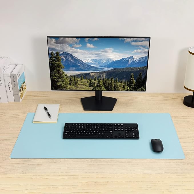 Wolaile Faux Leather Desk Pad Blotter,Waterproof Non-Slip Writing Desk Mat for Kids,36x17 in Desktop Protector Large Mouse Pad,Light Blue Office Home Table Cover