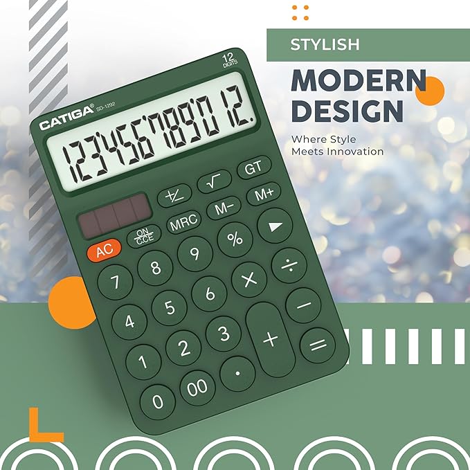 CATIGA 12 Digit Desktop Calculator Basic Desk Calculator with Large LCD Display, Big Buttons, 4 Function, Solar and Battery Dual Power, for Office, School, Home, SD-1292 Green