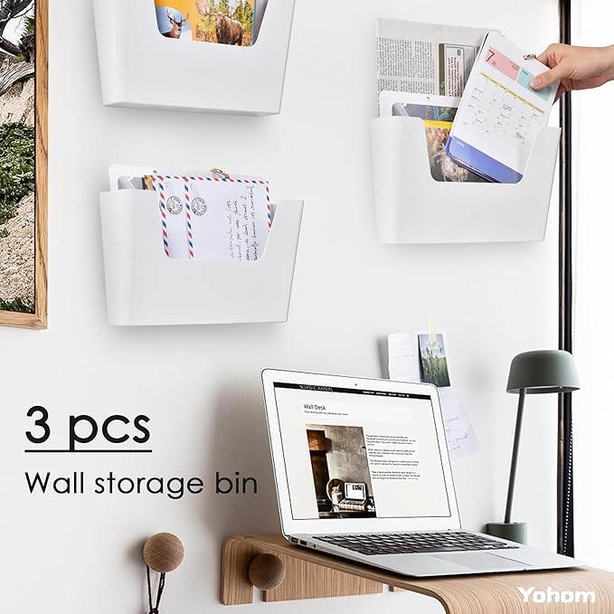 YOHOM No Drilling File Holder Wall Mails Magazines Organizer Adhesive Door Mount, Single Pocket, (White 1) (WHITE, 3 PCS)