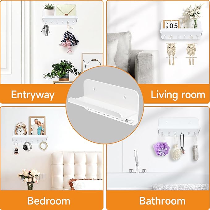 Beego Entryway Key Holder for Wall - White Acrylic Key Rack with Shelf Decorative Key Hanger Wall Mount Mail Organizer with 6 Key Hooks for Office Hallway Kitchen Living Room Home Décor