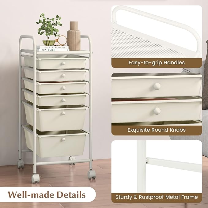 RELAX4LIFE 6-Drawer Rolling Storage Cart - Classroom Organization on Wheels w/Removable Plastic Drawers, Mobile Art Craft Cart for School Paper Home Office, Utility Cart with Drawers (White)