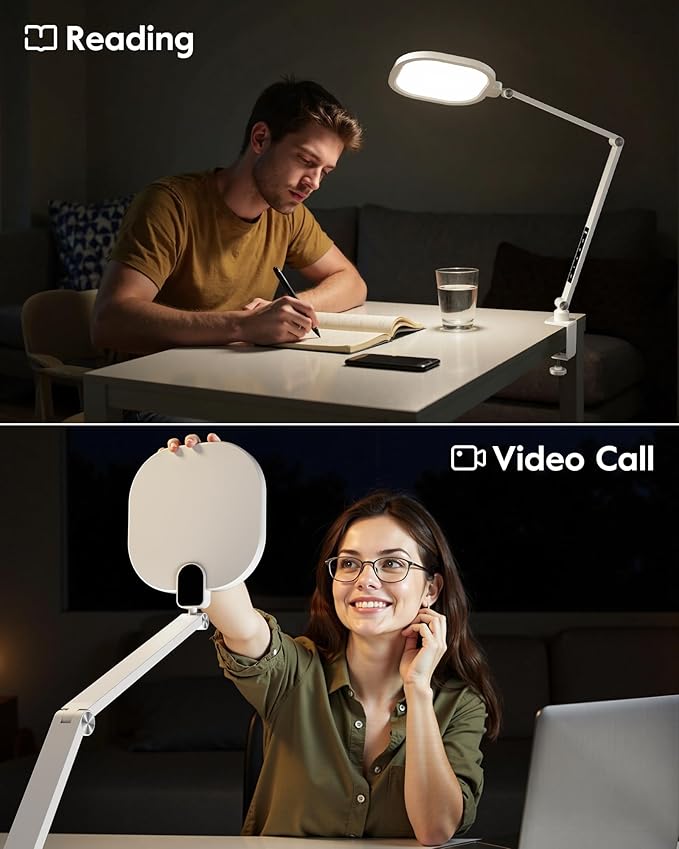 LitONES Led Desk Lamp with Clamp, 1200LM Dimmable Home Office Desktop Light, 3000k-6500k Adjustable Swing Arm Ring Light for Video Conference, Study, Reading, Zoom Calls, Streaming (White)