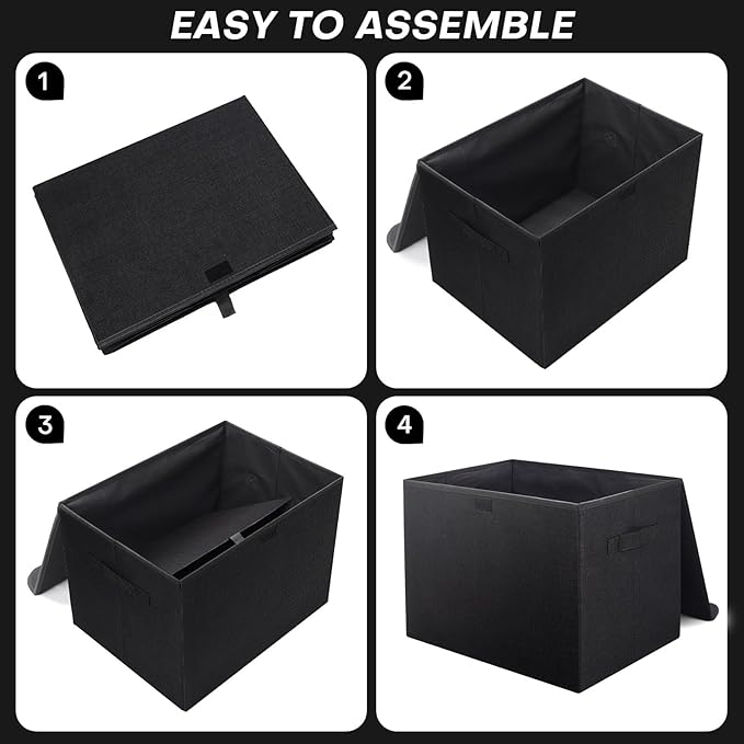 Bagnizer Large 17" 42 Quarts Collapsible Stackable Storage Bins with Lids [3-Pack] Foldable Fabric Linen Storage Boxes Cube, Closet Organizer Baskets with Label (16.7 x 12 x 12, Black)