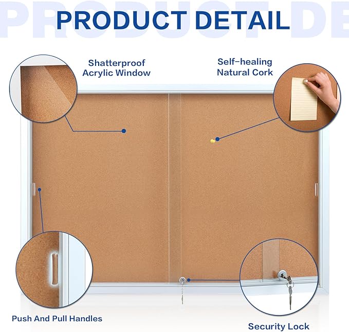 SWANCROWN Glass Enclosed Bulletin Board 48"x32", Locking Cork Board with Sliding Glass Doors for Indoor Use