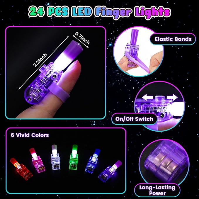 LovesTown 24PCS Dinosaur Party Favors, LED Light up Finger Lights Glow in The Dark Finger Flashlights for Birthday Party Decorations Goodie Bags Fillers Classroom Prizes