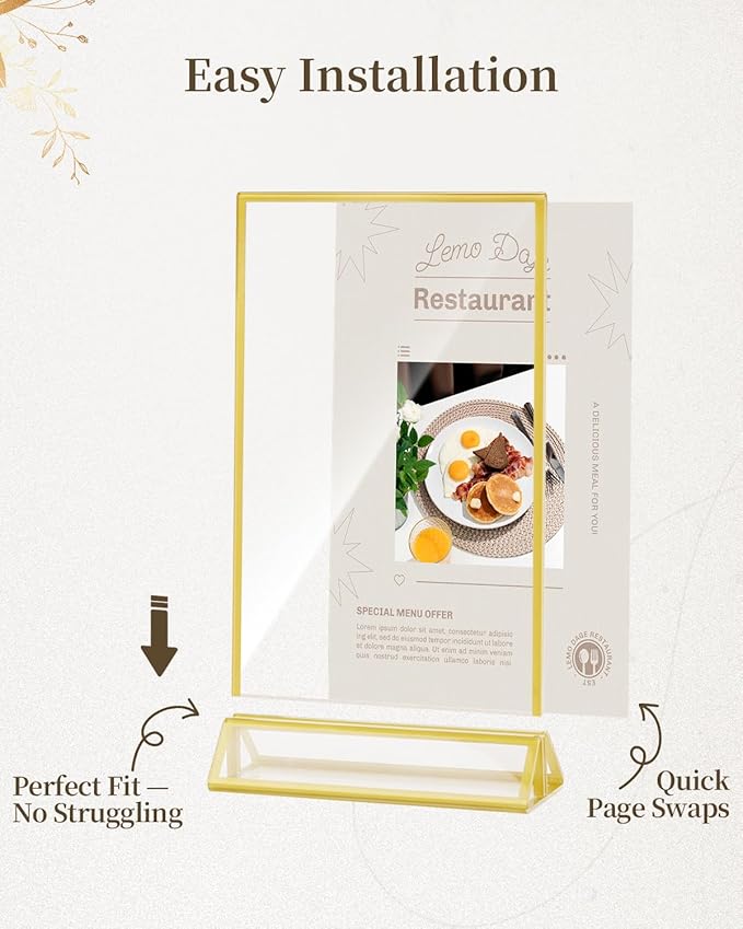 Dynta Acrylic Sign Holder 4x6 8 Pack Double Sided Clear Plastic Display Stands, Tabletop Menu Holder, Flyer Display for Wedding, Party, Restaurant, Office, Retail (Gold Frame)
