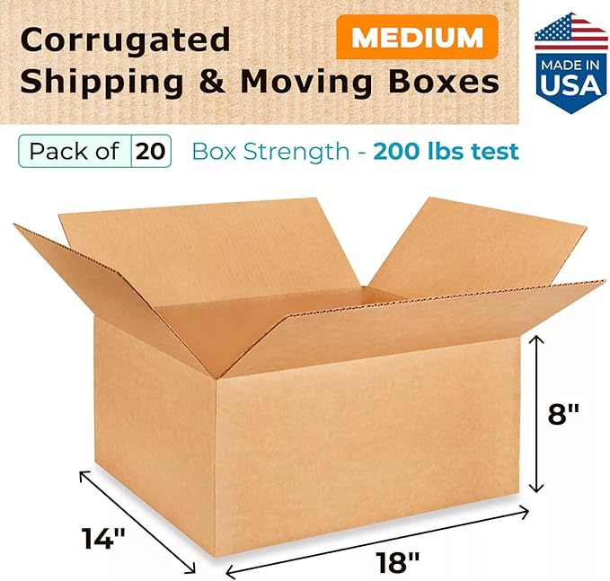 Medium Shipping & Moving Boxes 18"L x 14"W x 8"H (20-Pack) - Extra Strength 200 lb vs Regular - Corrugated Durable Boxes for Packaging - Heavy Duty Moving Box - Packaging Box by IDL Packaging