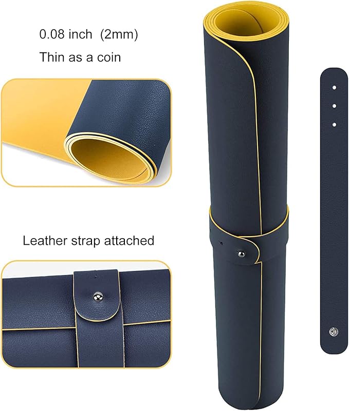 SUJAYU Dual Sided PU Leather Desk Pad, Mouse Pad, Office Desk Mat, Non-Slip Laptop Desk Pad, Waterproof Desk Writing Pad for Office and Home (23.6" x 11.8", Dark Blue + Yellow)
