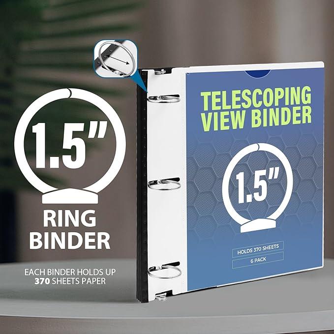 WOT I 1.5 Inch Telescoping 3 Ring Binder 6 Pack, Expandable Flexible Binder with Customizable Front Cover & Clear Catalog Pocket, Holds 370 Sheets, Assorted Colors, School Office Supplies