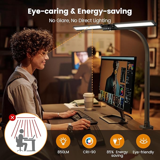 SIBRILLE LED Desk Lamp for Home Office - Remote Control Desk Light Computer Lamp with clamp, 22W, Dimmable, Color Changing, Touch Control, Height Adjustable, Black Table Task Light Bar for Work